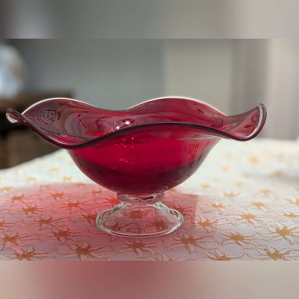 Vintage Hand Blown Ruby Red Round Flare Clear Crested Flared Glass Pedestal Bowl